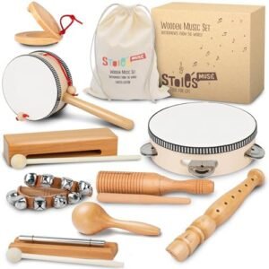 Stoie's Wooden Kids Musical Instruments for 3-9 Years Old, with Drum, Hand Bells, Flute, Maracas, Castanet, Tamburine, for Babies and Toddlers, Durable, Safe, Montessori Educational Toy, Storage Bag : Toys & Games - Amazon